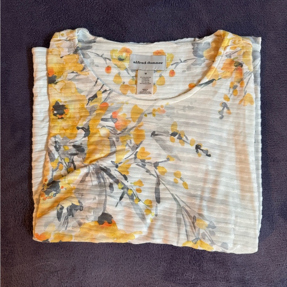 Alfred Dunner Yellow and Gray Floral Blouse